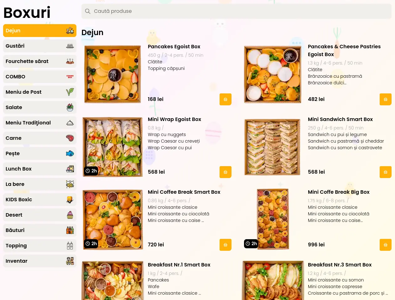 Boxcatering category page with gold branding and product grid