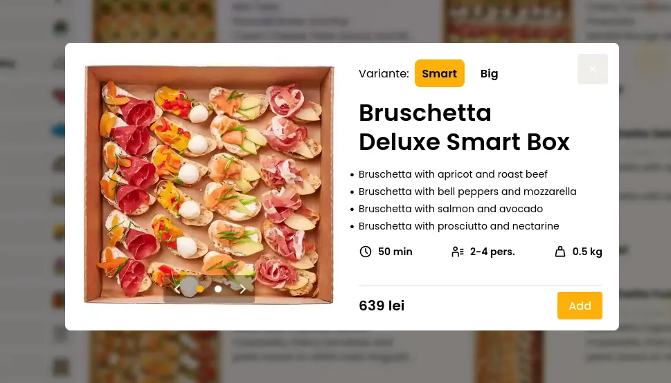 Boxcatering product detail modal showing dish photography and ordering options