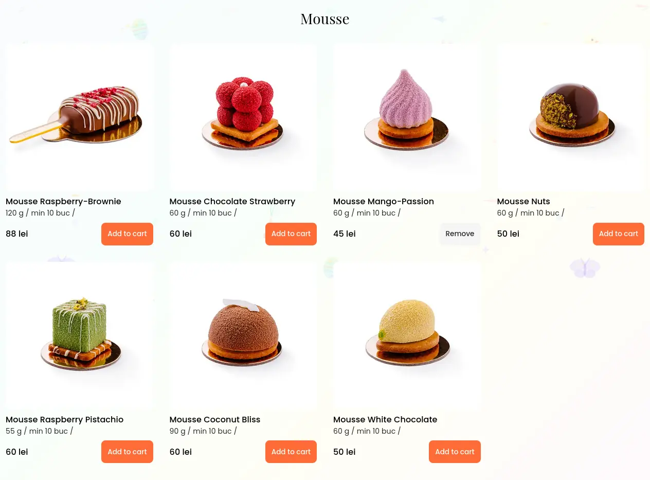 Millers Cake category navigation with mousses, bento, macarons, and custom celebration cakes