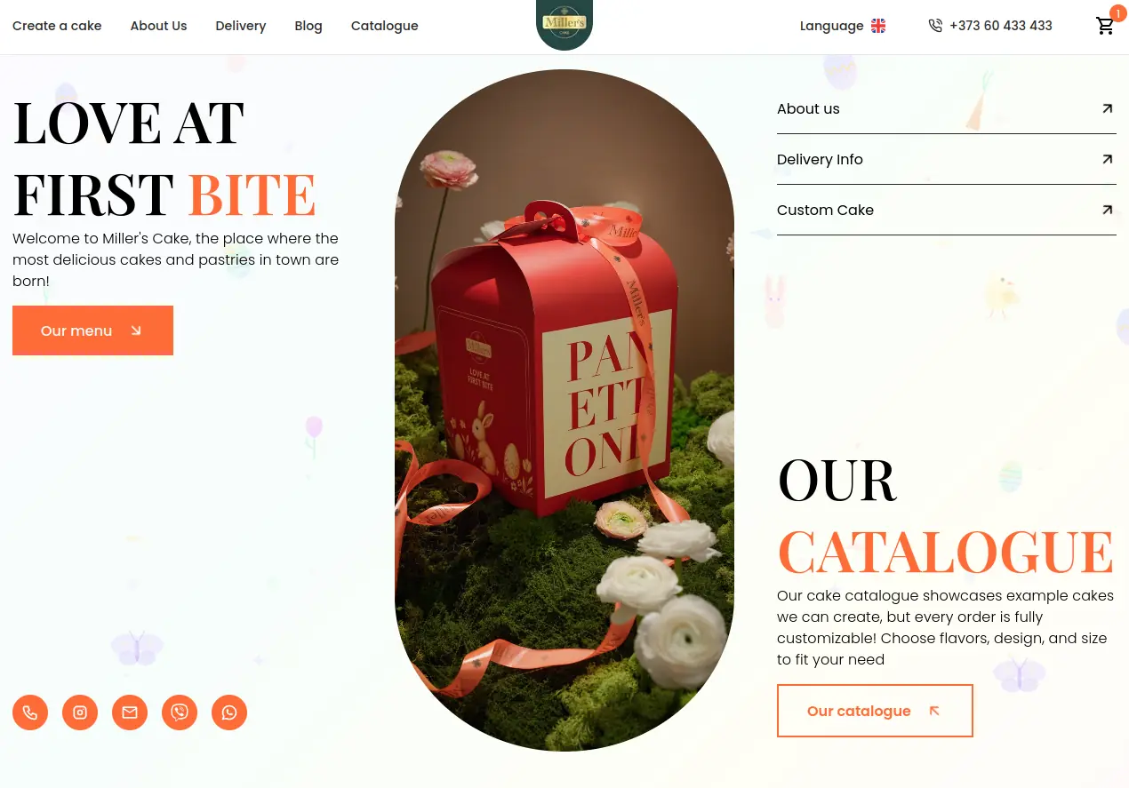 Millers Cake e-commerce website with product catalog and orange branding