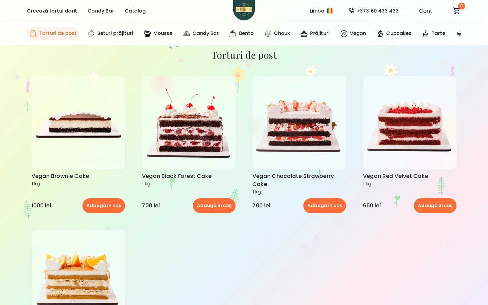 Miller's Cake catalog page showing the Torturi de post category with a grid of vegan cakes, each card listing weight, price in lei, and an Adaugă în coș button