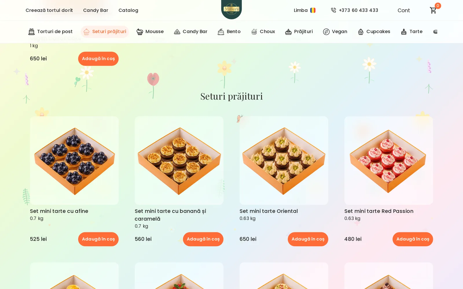 Miller's Cake Seturi prăjituri page with top-down photos of mini-tart boxes, blueberry, banana-caramel, Oriental, and Red Passion, each priced in lei