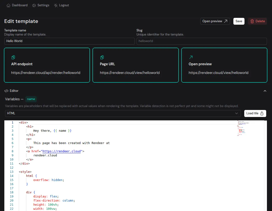Rendeer template editor with version history and rendering options
