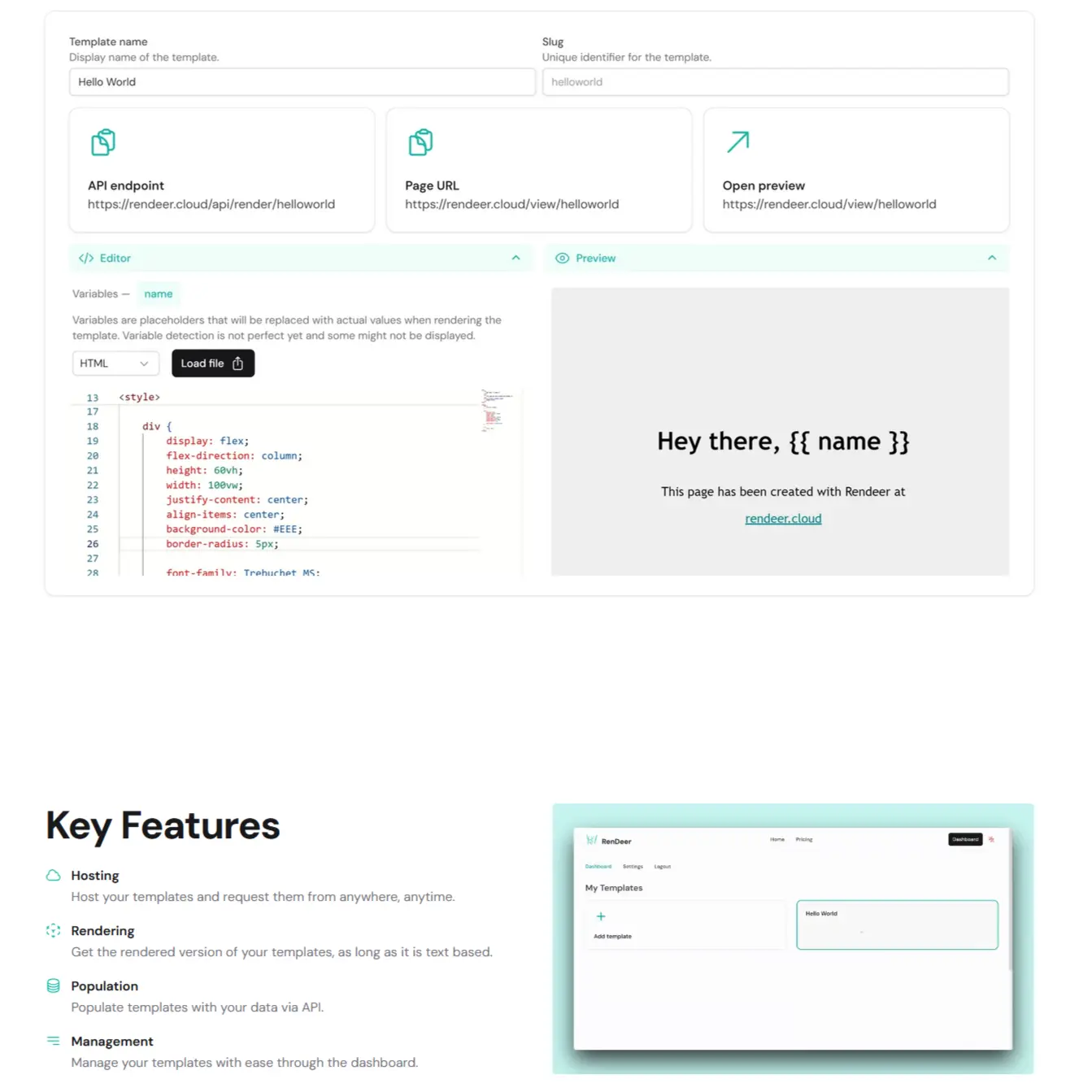 Rendeer template rendering platform dashboard