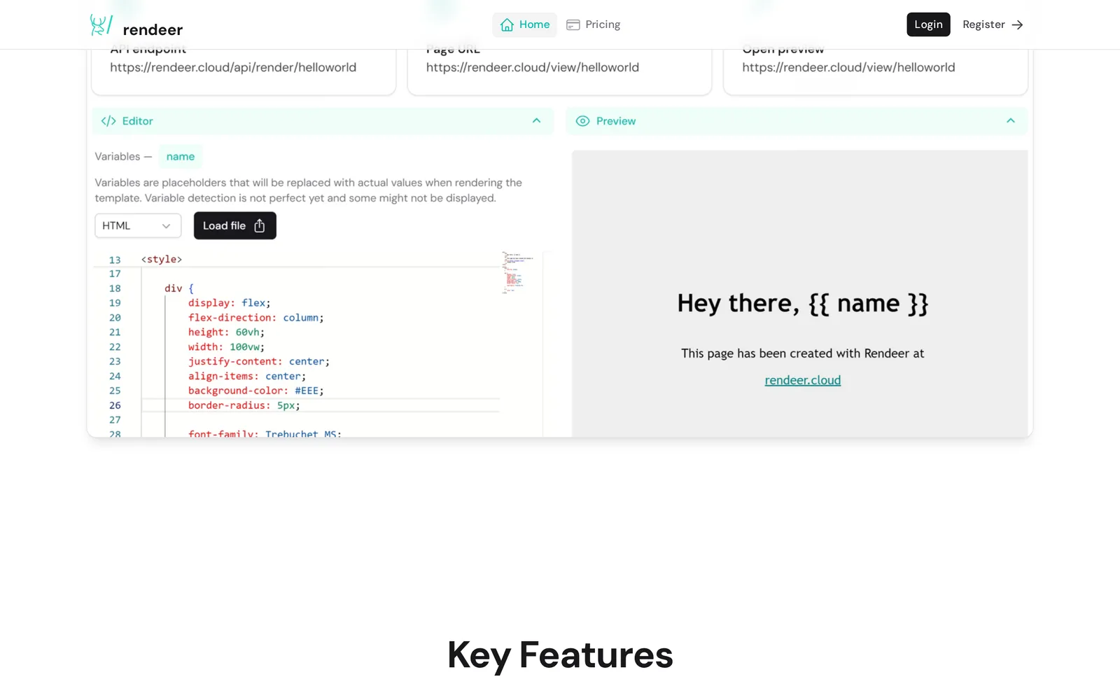 Rendeer template editor: HTML code with a name variable on the left, a live preview rendering Hey there, name on the right, and API endpoint, page URL and preview links above