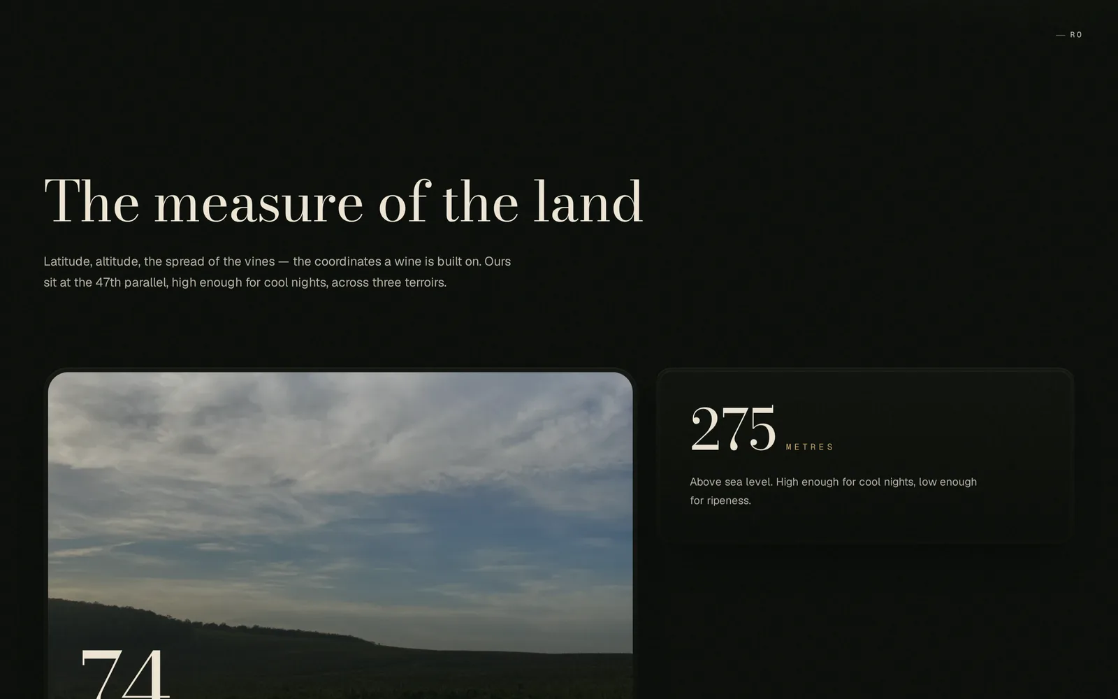 Roșca Winery "The measure of the land" section: an ivory serif headline over a vineyard photograph with stat cards reading 275 metres above sea level and 74 hectares, on a near-black ground
