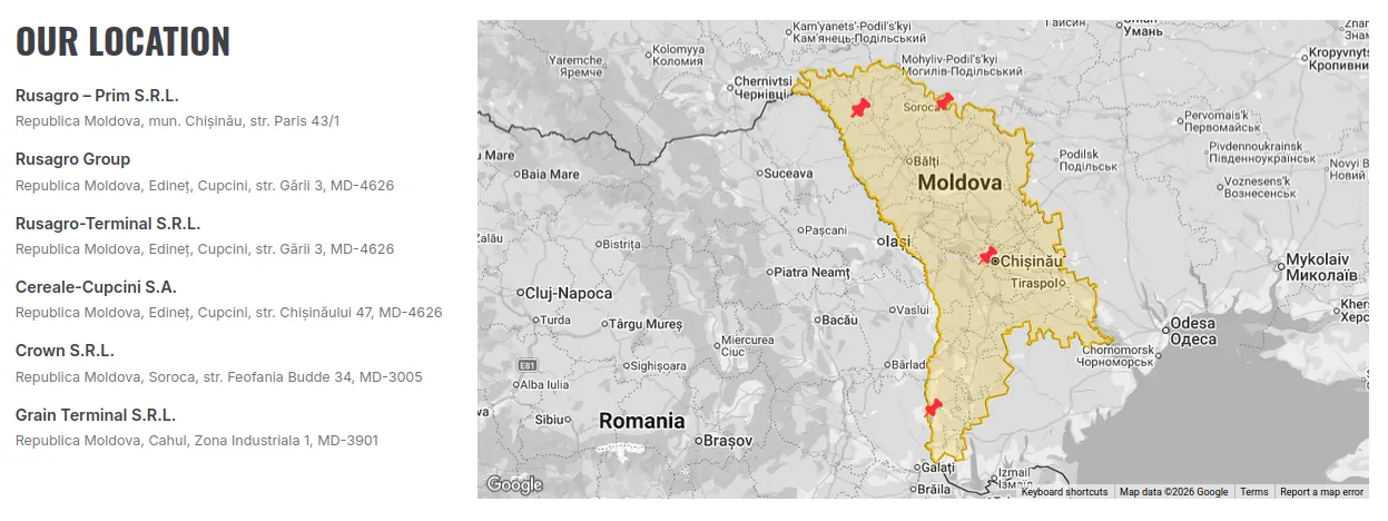 RUSAGRO regional locations across Moldova, Chișinău, Edineț, Soroca, Cahul
