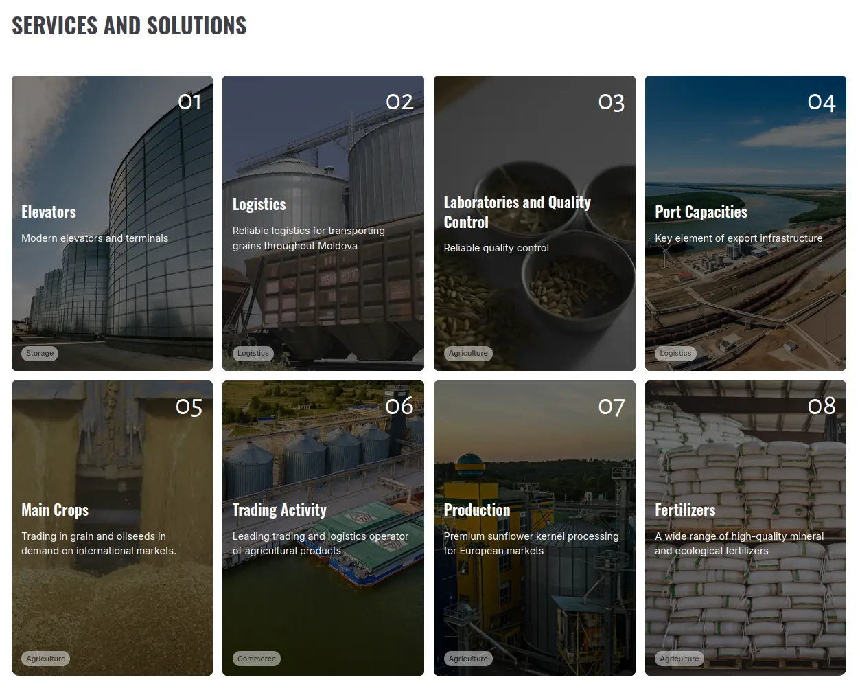 RUSAGRO services overview — storage, transport, lab, port, trading, processing, fertilizer