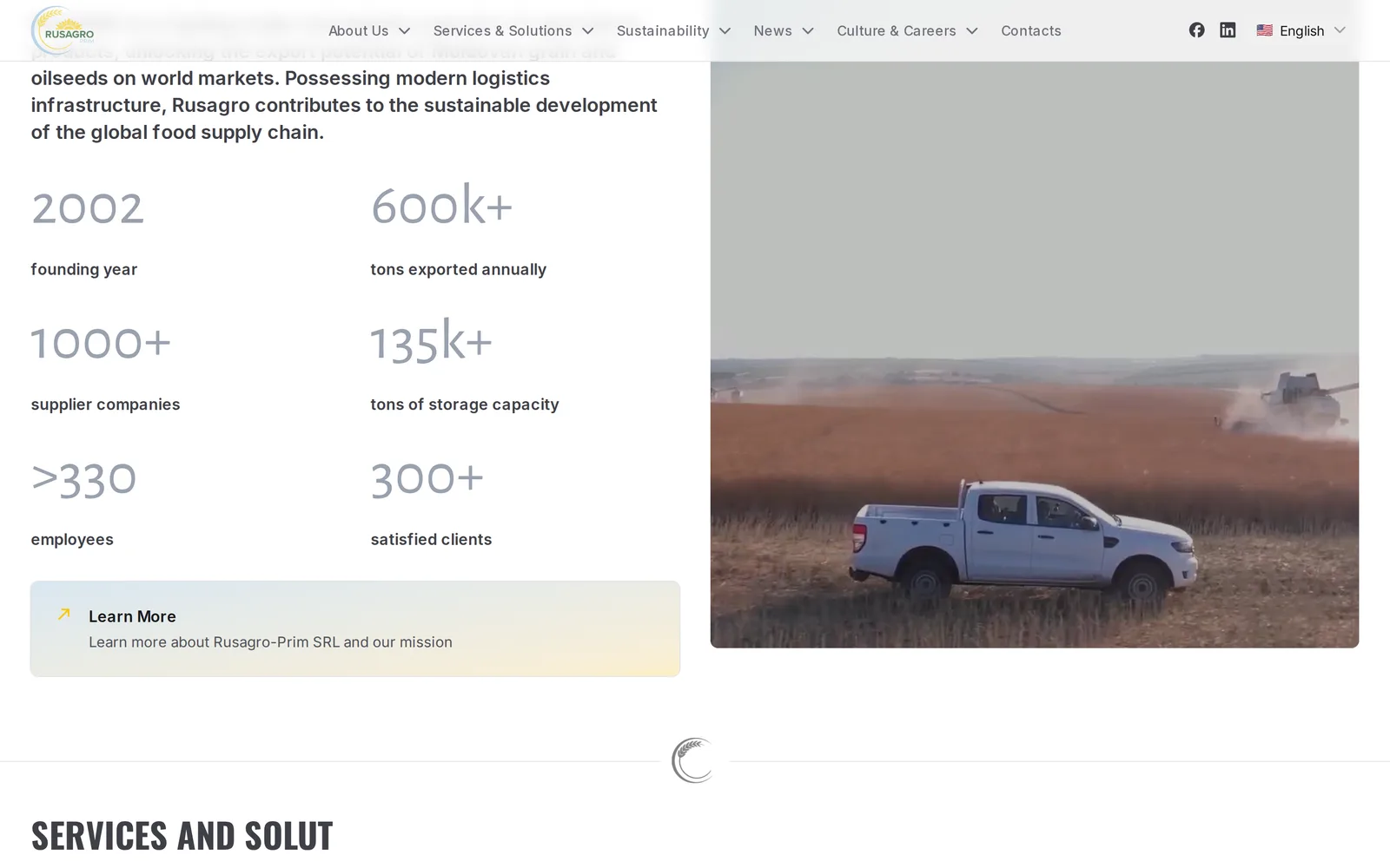 RUSAGRO "Our Company" section, statistics for founding year, tons exported, suppliers and storage beside footage of a pickup truck driving through a harvested field
