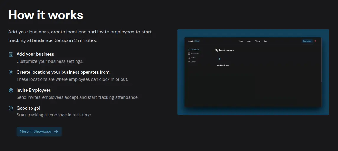 WeAtWork how-it-works, invite, set up locations, employees clock in from their phones