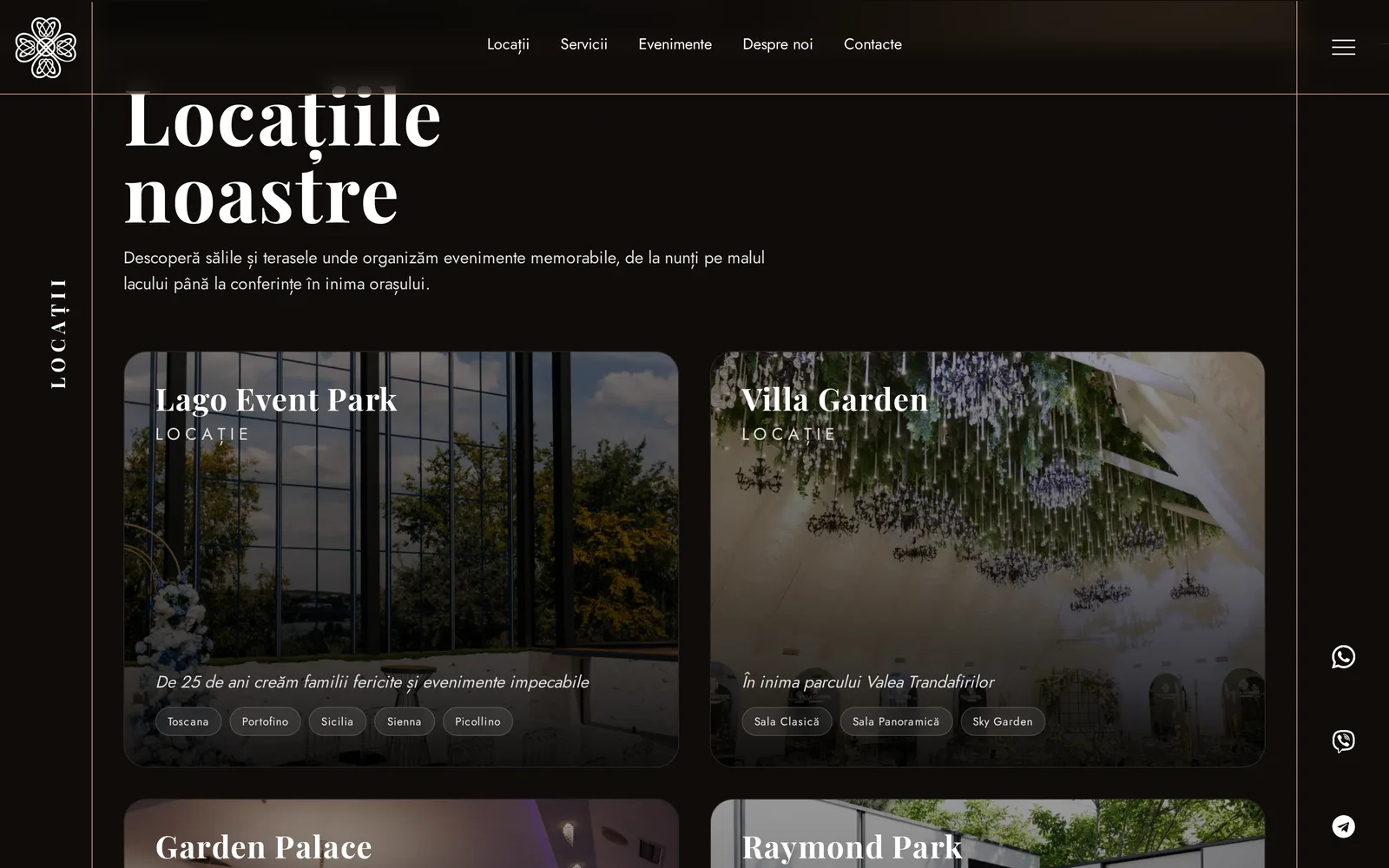 Locațiile noastre section, venue cards for Lago Event Park and Villa Garden with their named halls listed as tags
