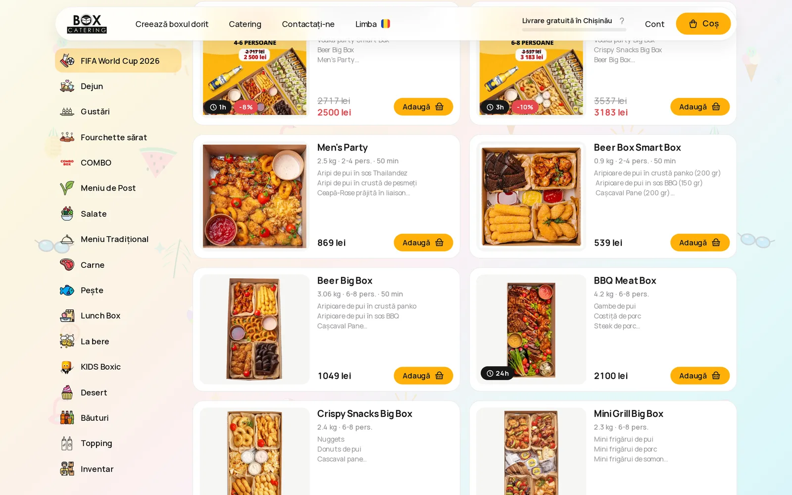 BoxCatering product grid with Men's Party, Beer Box and BBQ Meat Box cards showing weight, headcount, prep time and price, beside the category sidebar