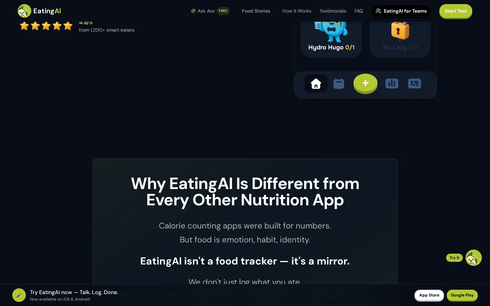 EatingAI "Why It Is Different" section reading "EatingAI isn't a food tracker, it's a mirror," above gamified habit tasks like Hydro Hugo