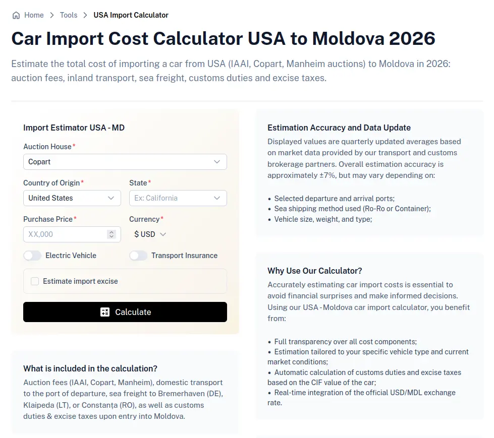 Mobile MD calculator suite, import cost, customs duty, RCA premium, bonus-malus