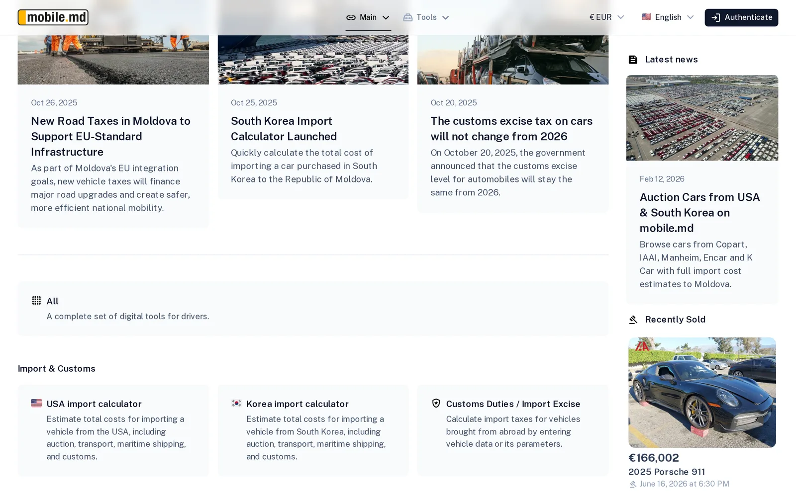 mobile.md Import & Customs section with USA, Korea and customs duty calculators below the news feed