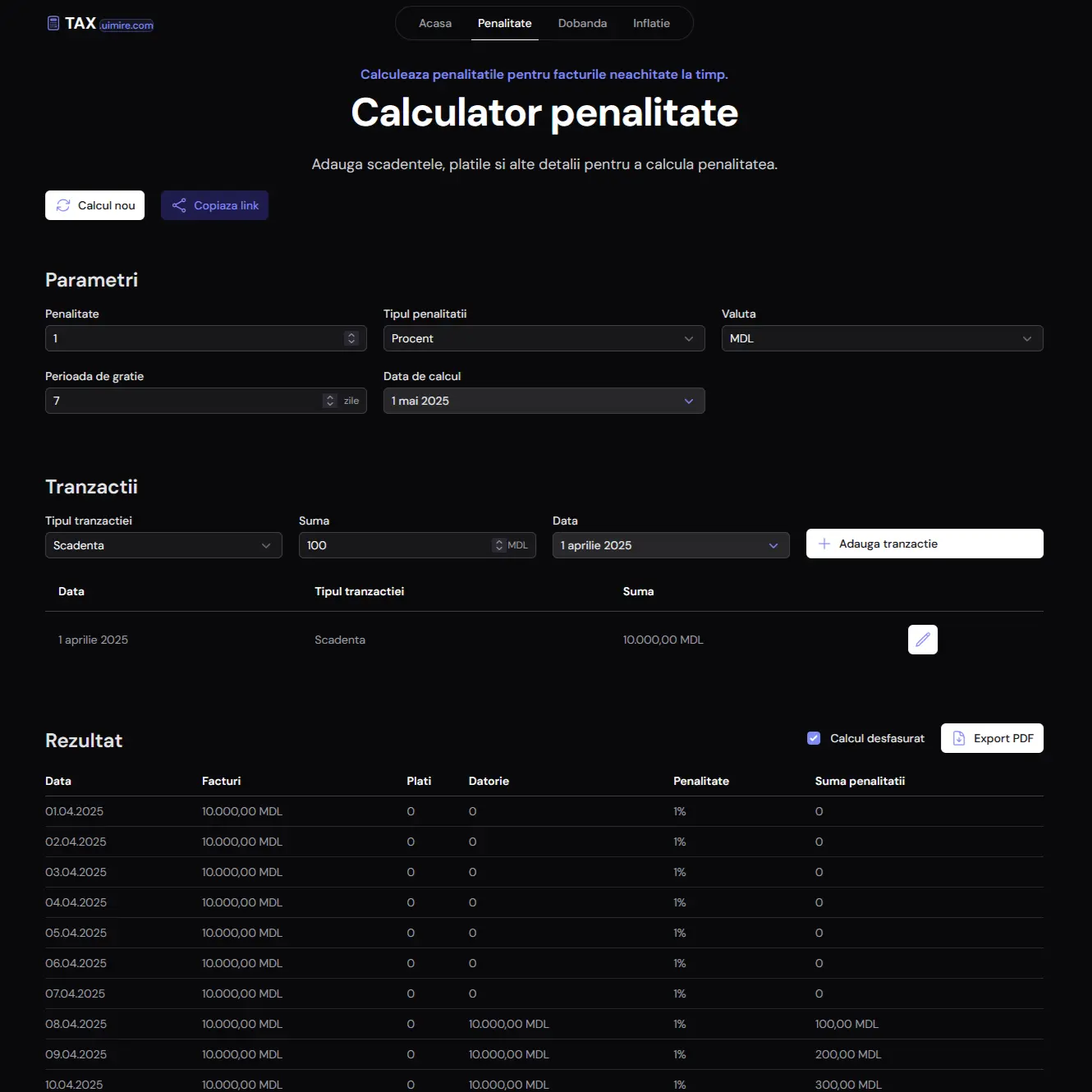 Uimire Tax penalty calculator with clean indigo interface