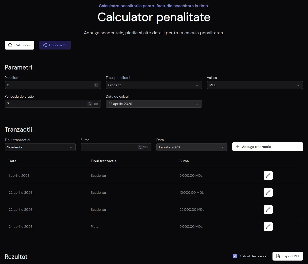Penalty calculator input form with invoice details and date selection