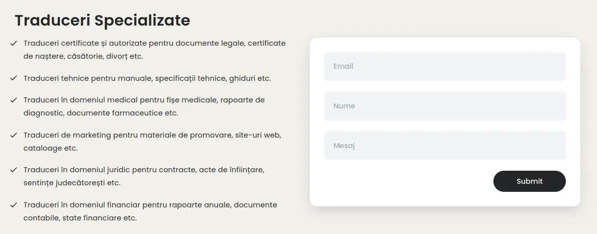 Traduterra contact form, testimonials, and contact paths