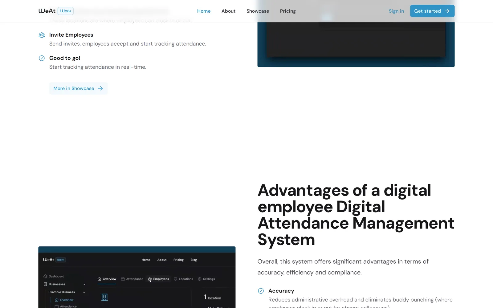 WeAtWork "How it works" setup steps beside an "Advantages of a digital attendance management system" section highlighting accuracy